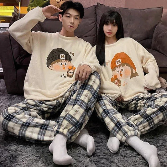 Kawaii Girlfriend Boyfriend Cartoon Print Plush Pajamas Set - Kawaii Side