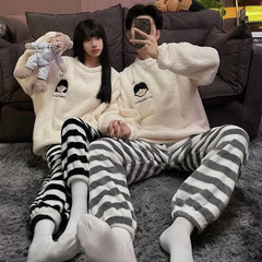 Kawaii Girlfriend Boyfriend Cartoon Print Plush Pajamas Set - Kawaii Side