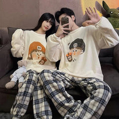 Kawaii Girlfriend Boyfriend Cartoon Print Plush Pajamas Set - Kawaii Side