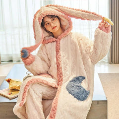 Kawaii Hooded Bunny Ears Moon Star Pajamas Set - Kawaii Side