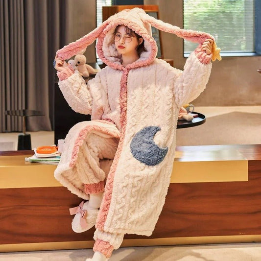 Kawaii Hooded Bunny Ears Moon Star Pajamas Set - Kawaii Side