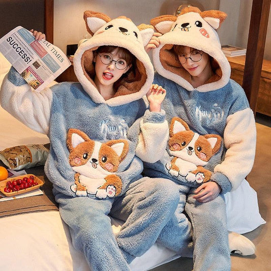 Kawaii Puppy Girlfriend Boyfriend Hooded Pajamas Set - Kawaii Side