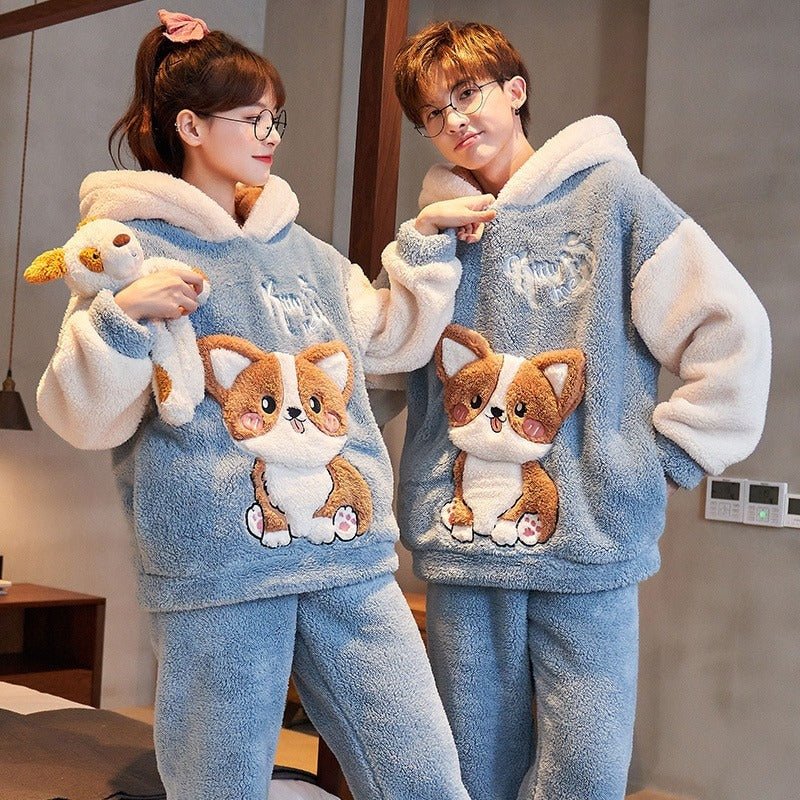 Kawaii Puppy Girlfriend Boyfriend Hooded Pajamas Set - Kawaii Side