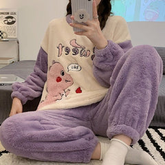 Lovely Cartoon Animal Print Plush Pajamas Set - Kawaii Side