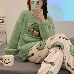 Lovely Cartoon Animal Print Plush Pajamas Set - Kawaii Side