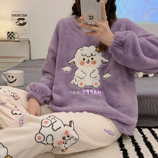 Lovely Cartoon Animal Print Plush Pajamas Set - Kawaii Side