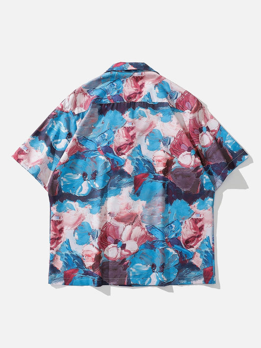 Oil Painting Flower Short Sleeve Shirt - Kawaii Side