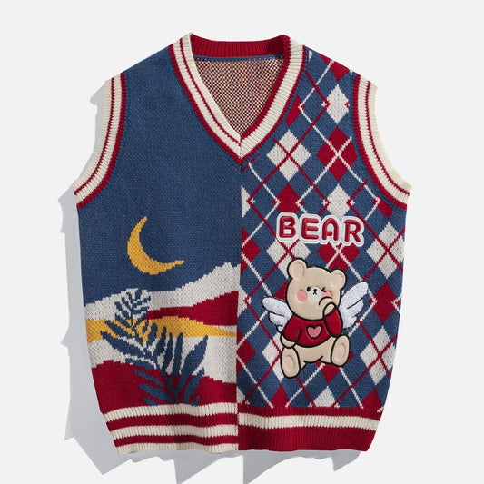 Patchwork Diamond Bear Sweater Vest - Kawaii Side