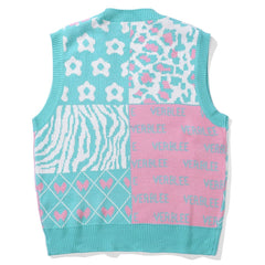 Patchwork Leopard Bow Letters Knit Vest - Kawaii Side