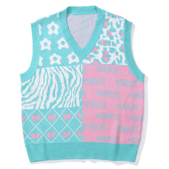 Patchwork Leopard Bow Letters Knit Vest - Kawaii Side