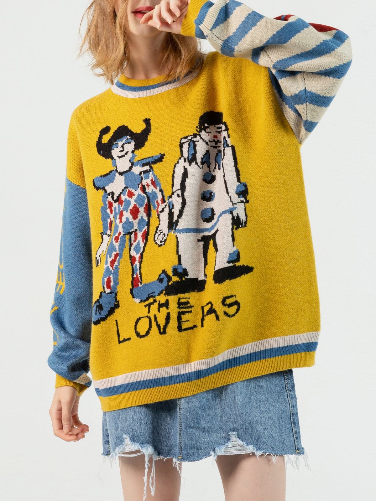 Patchwork Sleeve Joker Knit Sweater - Kawaii Side