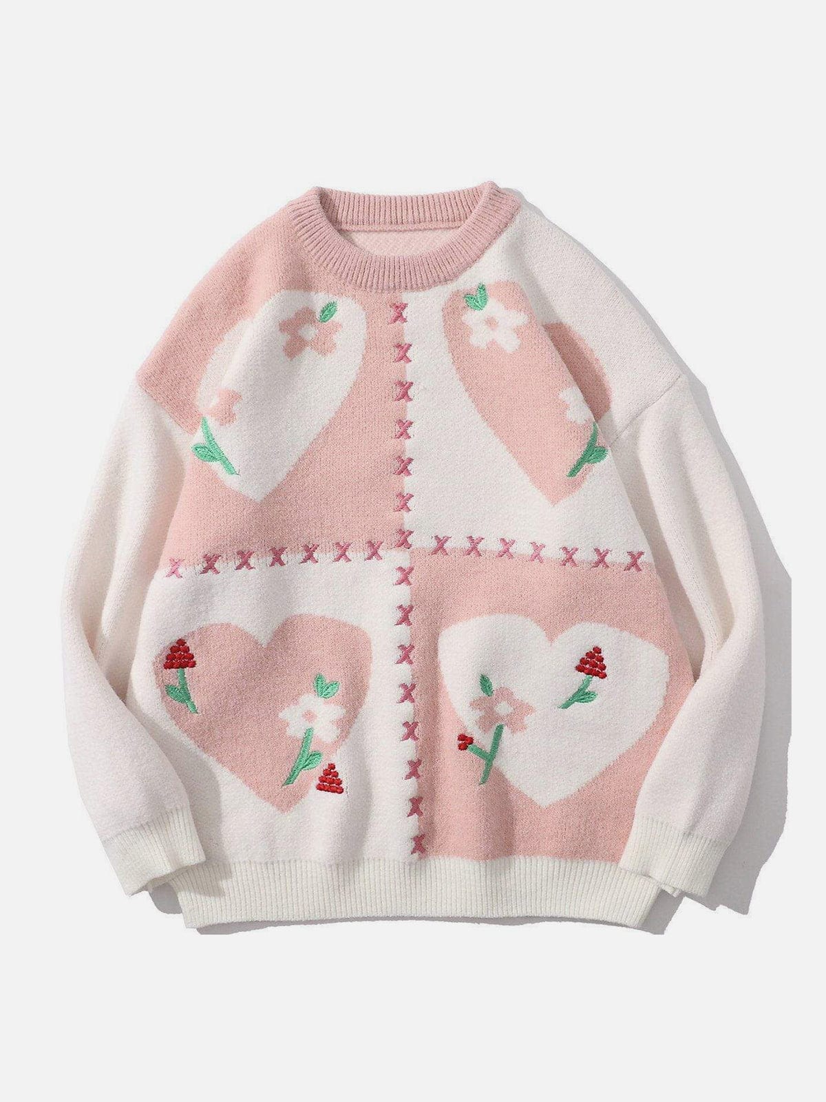 Stitching Contrast Flowers Knit Sweater - Kawaii Side