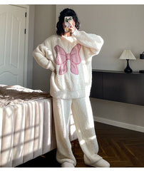 Sweet Bowknot Plush Pajamas Two Piece Set - Kawaii Side