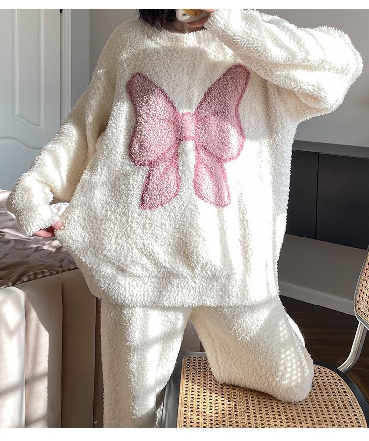 Sweet Bowknot Plush Pajamas Two Piece Set - Kawaii Side