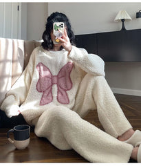 Sweet Bowknot Plush Pajamas Two Piece Set - Kawaii Side