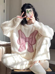 Sweet Bowknot Plush Pajamas Two Piece Set - Kawaii Side