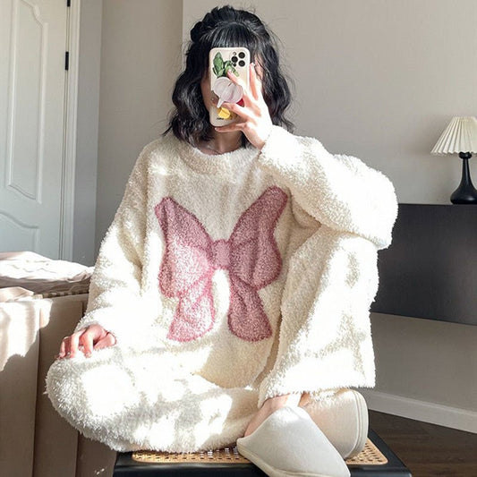 Sweet Bowknot Plush Pajamas Two Piece Set - Kawaii Side