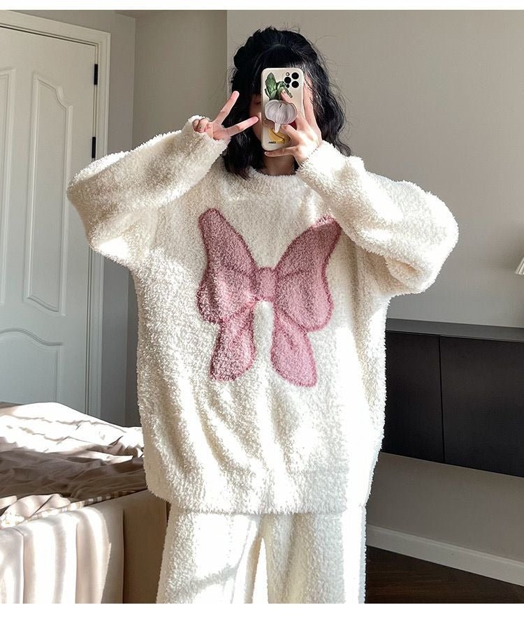 Sweet Bowknot Plush Pajamas Two Piece Set - Kawaii Side