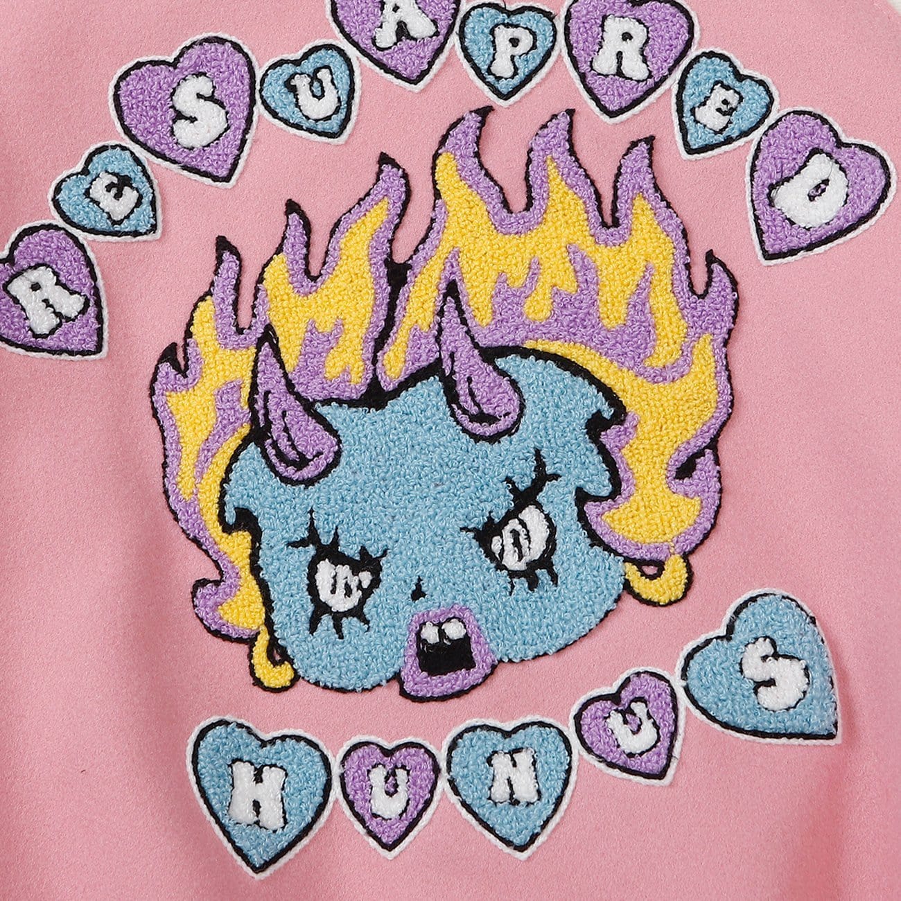 Towel Embroidered Flame Ghost Varsity Jacket - Kawaii Side