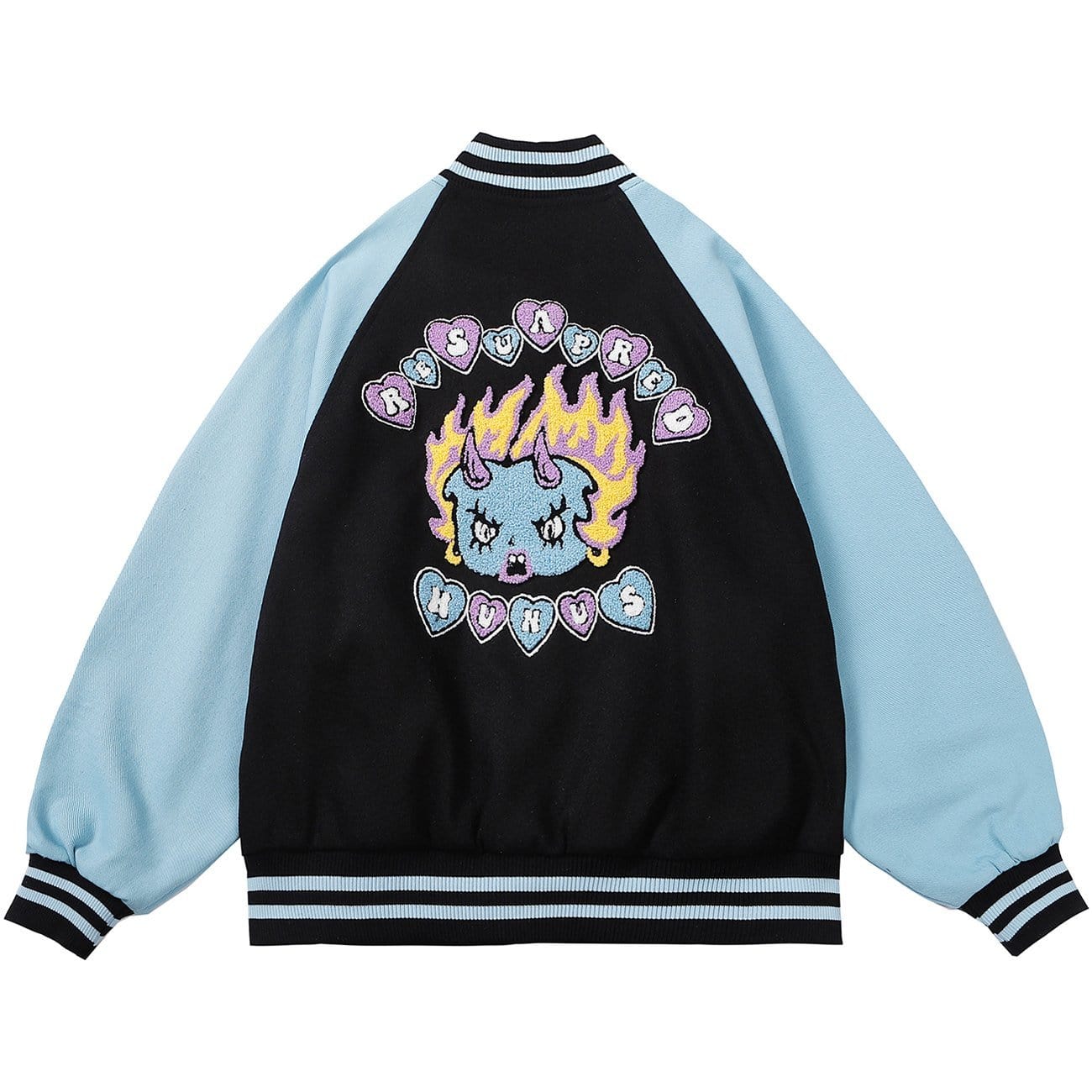 Towel Embroidered Flame Ghost Varsity Jacket - Kawaii Side