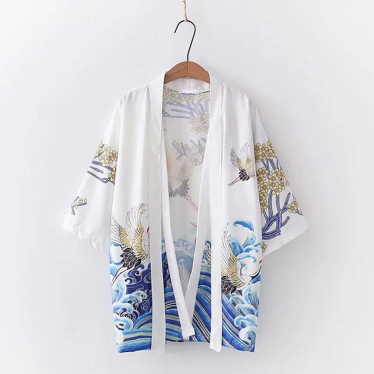 Vintage Crane Blossom Print Cardigan Kimono Outerwear - Kawaii Side