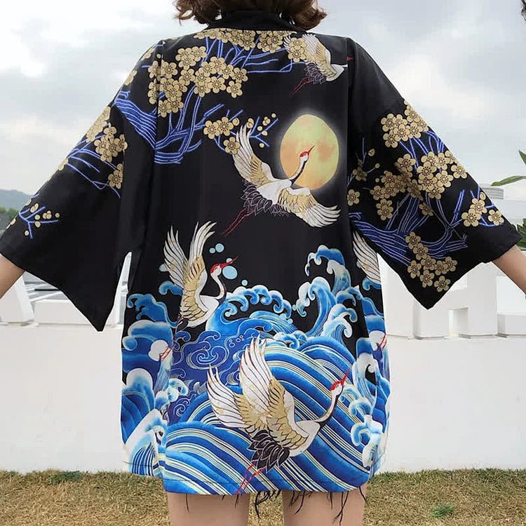 Vintage Crane Blossom Print Cardigan Kimono Outerwear - Kawaii Side