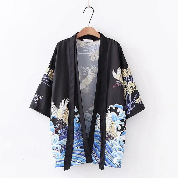 Vintage Crane Blossom Print Cardigan Kimono Outerwear - Kawaii Side