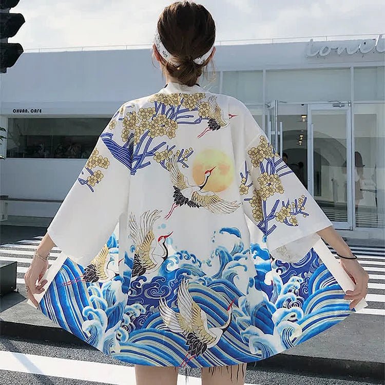 Vintage Crane Blossom Print Cardigan Kimono Outerwear - Kawaii Side